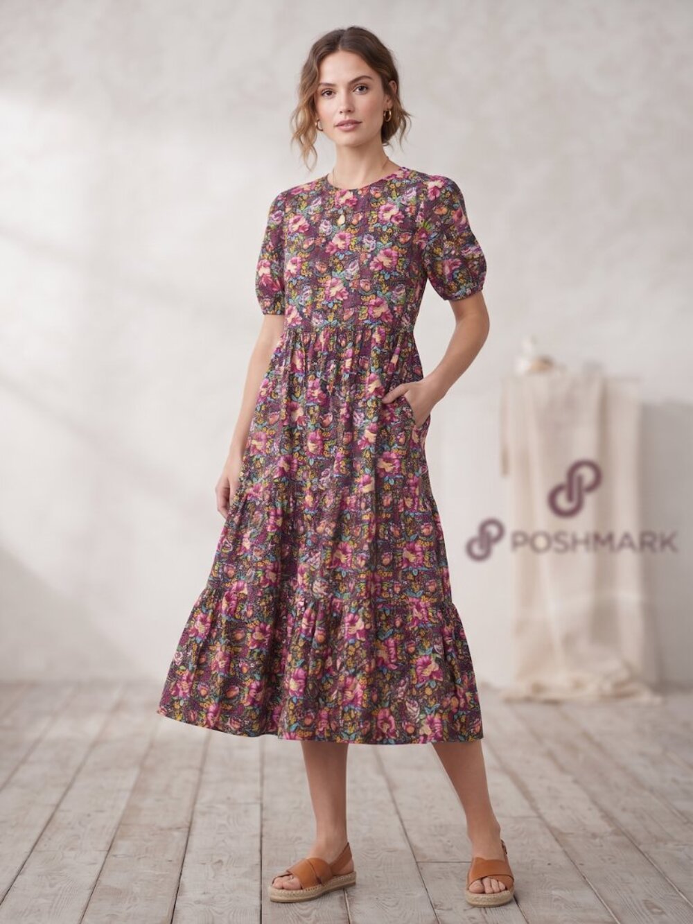 Casey Marks Multi Floral Short Sleeve Tiered Midi Dress- O/S- MSRP $430